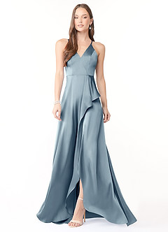 Azazie Harpie Final Sale Dusty Blue A-Line Ruched Stretch Satin Dress image1