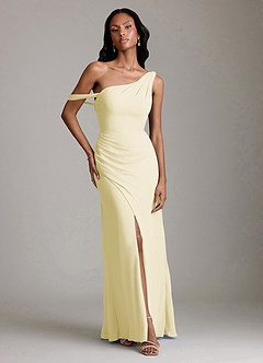 Azazie Madelyn Vestidos de damas de honor Vestido de Sorbete De Limón de Gasa de Corte Sirena Convertible con Hombro unilateral image1