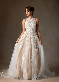 Azazie Melrose Wedding Dresses Diamond White Nude A-Line Sweetheart Lace Tulle Dress image1