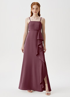 Azazie Kaylee Junior Sangria A-Line with Belt Stretch Satin Dress image3