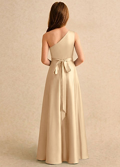 Azazie Puddles Girls Formal Flower Girl Dresses Champagne A-Line One Shoulder Stretch Satin Dress image2