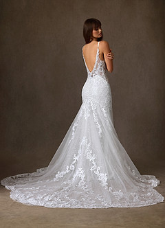 Azazie Selene Final Sale Diamond White Mermaid V-Neck Lace Dress image2