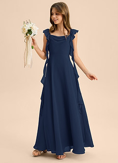 Azazie Carmin Junior Vestido de Azul Marino Oscuro de Gasa de Corte en A con Volante image3