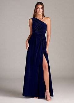 Azazie Brooke Bridesmaid Dresses Dark Navy A-Line One Shoulder Velvet Dress image1
