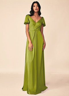 Azazie Soren Bridesmaid Dresses Lemongrass A-Line Pleated Stretch Satin Dress image1