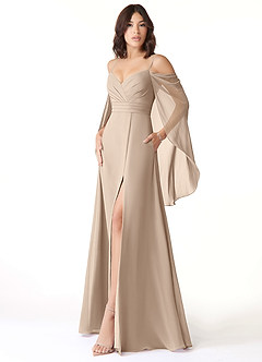 Azazie Cienna Robes de demoiselle d'honneur Robe Trapèze en Mousseline de soie Manche longue Taupe image4