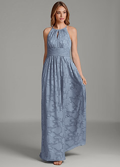 Azazie Bonnie At-home Try On Dresses Dusty Blue A-Line Pleated Floral Burnout Dress image5