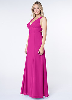 Azazie Christiana Vestidos de damas de honor Vestido de Fucsia de Gasa de Corte en A con Cuello en V plisado image4