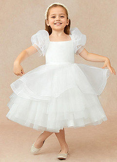 Azazie Bubbles Flower Girl Dresses Diamond White Ball-Gown with Sleeves Organza Dress image2