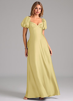 Azazie Fatima Robes de demoiselle d'honneur Robe Trapèze en Satin extensible Plissée Sorbet Citron image1
