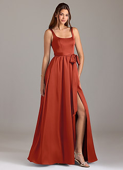 Azazie Elliott Bridesmaid Dresses Rust A-Line with Pockets Stretch Satin Dress image1
