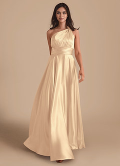Azazie Charlize Bridesmaid Dresses Gold A-Line One Shoulder Metallic Satin Dress image1