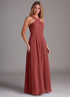 Azazie Dixie Bridesmaid Dresses Terracotta A-Line Halter Pleated Chiffon Dress image4