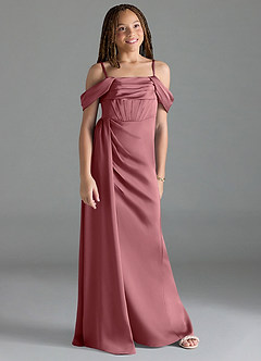 Azazie Amyra Junior Desert Rose Sheath Off the Shoulder Stretch Satin Dress image3