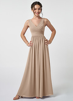 Azazie Keyla Junior Taupe A-Line Pleated Chiffon Dress image1