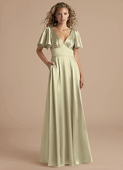 Azazie Kimber Bridesmaid Dresses Moss Green A-Line Ruched Metallic Satin Dress image1