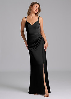 Azazie Leo At-home Try On Dresses Black Sheath Pleated Stretch Satin Dress image4