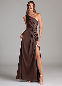 Azazie Brooke Bridesmaid Dresses Ganache A-Line One Shoulder Stretch Satin Dress image1