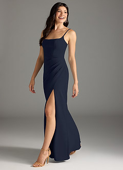 Azazie Rhoda Bridesmaid Dresses Dark Navy Sheath Pleated Stretch Crepe Dress image4
