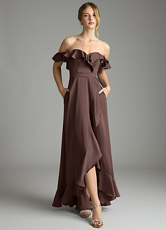Azazie Lyra Bridesmaid Dresses Ganache A-Line Off the Shoulder Stretch Satin Convertible Dress image1