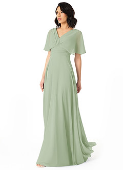Azazie Pamela Vestidos de damas de honor Vestido de Salvia Polvorienta de Gasa de Corte en A con Cuello en V plisado image3