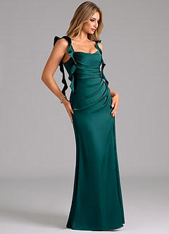 Azazie Jessamine Bridesmaid Dresses Peacock A-Line Corset Stretch Satin Dress image4