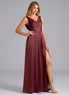 Azazie Karina At-home Try On Dresses Desert Rose A-Line Pleated Stretch Satin Dress image5