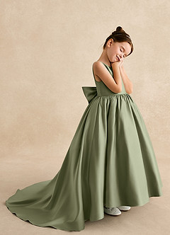 Azazie Mimia Flower Girl Dresses Pistachio A-Line Bow Matte Satin Dress image4
