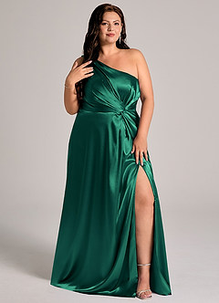 Azazie Brooke Bridesmaid Dresses Emerald A-Line One Shoulder Metallic Satin Dress image12