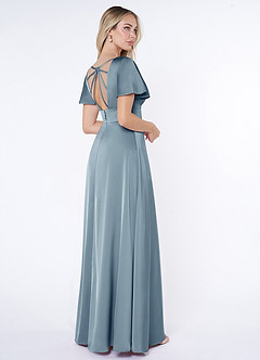 Azazie Lani Bridesmaid Dresses Dusty Blue A-Line Flounce Sleeve Stretch Satin Dress image5