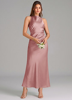 Azazie Evadne 신부 들러리 드레스 쉬스 주름진 스트레치 새틴 발목 길이 드레스 image3