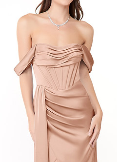 Azazie Amyra Bridesmaid Dresses Rose Gold Sheath Off the Shoulder Stretch Satin Convertible Dress image8