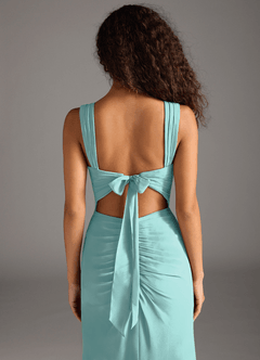 Azazie Jesaphine Vestidos de damas de honor Vestido de Aqua de Gasa de Corte Recto con Lazo image6