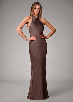 Azazie Velli Abiti da Damigella Abito Sirena in Raso Elasticizzato Collo Alto Ganache image1