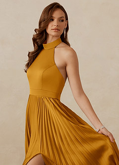 Christian Siriano Bridal for Azazie 1007 Bridesmaid Dresses Butterscotch A-Line Pleated Stretch Satin Dress image2