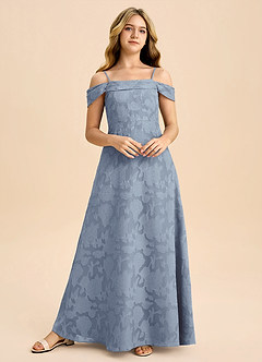 Azazie Anselie Junior Dusty Blue A-Line Off the Shoulder Floral Burnout Dress image4