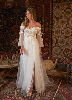 Azazie Stevie Wedding Dresses A-Line Lace Tulle Chapel Train Dress image4
