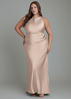 Azazie Evadne Vestidos de damas de honor Vestido Rosa Inglesa de Satén Elástico de Corte Recto con Plisado image1
