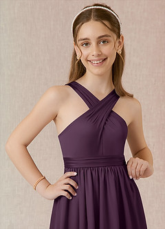 Azazie Jiya Junior Plum A-Line Pleated Stretch Satin Dress image4