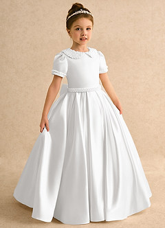 Azazie Gabriella Flower Girl Dresses White Ball-Gown with Sleeves Matte Satin Dress image5