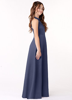 Azazie Laurel Junior Robe Trapèze en Mat Satiné Bleu Orageux image2