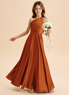 Azazie Charlize Junior Cinnamon A-Line Pleated Stretch Satin Dress image4