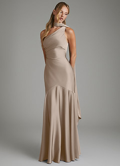 Azazie Amara Vestidos de damas de honor Vestido Gris Pardo de Satén Elástico de Corte Sirena con Un hombro image4
