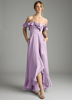 Azazie Lyra Bridesmaid Dresses Frosted Lilac A-Line Off the Shoulder Stretch Satin Convertible Dress image6