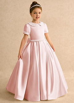 Azazie Gabriella Flower Girl Dresses Blushing Pink Ball-Gown with Sleeves Matte Satin Dress image5