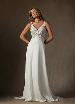 Azazie Clementina Wedding Dresses Diamond White Nude A-Line V-Neck Sequins Stretch Crepe Dress image1