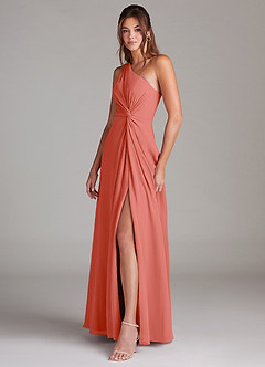 Azazie Brooke Bridesmaid Dresses Salmon Pink A-Line One Shoulder Chiffon Dress image2