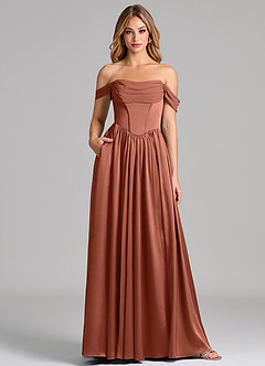 Azazie Raisa Bridesmaid Dresses Auburn A-Line Off the Shoulder Stretch Satin Dress image1