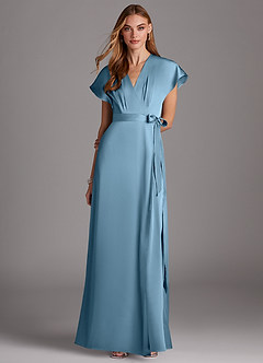 Azazie Nico Bridesmaid Dresses Steel Blue A-Line V-Neck Stretch Satin Dress image1