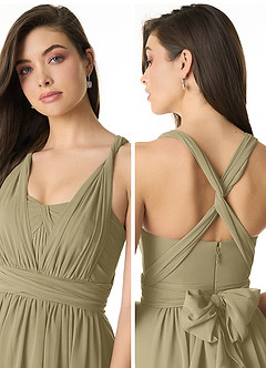 Azazie Olani Bridesmaid Dresses Moss Green A-Line Off the Shoulder Chiffon Convertible Dress image5
